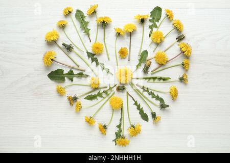 Coeur fait de beaux pissenlits jaunes sur table en bois blanc, plat Banque D'Images