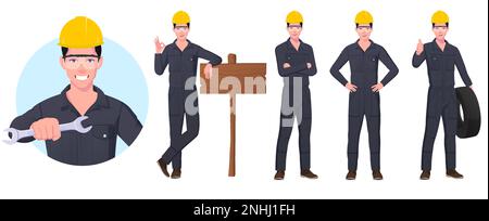Personnage d'ingénieur portant un casque de sécurité et des lunettes de sécurité dans différentes poses, jeu de personnages mécaniques Illustration de Vecteur