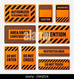 Divers panneaux d'avertissement noirs et orange avec lignes diagonales. Panneau attention, danger ou attention, signalisation du chantier. Panneau de signalisation réaliste Illustration de Vecteur