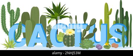 Cactus composition de couleur plate avec cactus verts et illustration de vecteur de grandes lettres bleu clair Illustration de Vecteur