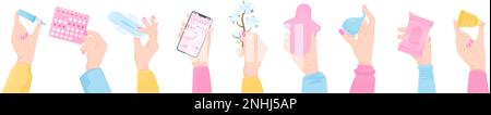 Menstruation période hygiène plat composition mains femmes avec tampon de calendrier tampon smartphone et d'autres choses décrivant les femmes période jours vecto Illustration de Vecteur