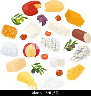 Composition ronde plate de fromage avec différents types de fromage entier et tranché en morceaux illustration vectorielle Illustration de Vecteur