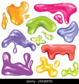 Jeu de taches et de taches de liquide coloré brillantes et réalistes, brillantes et scintillantes, avec illustration vectorielle Illustration de Vecteur