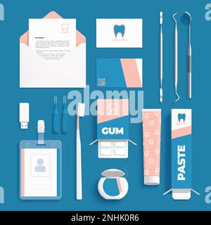 Arrière-plan bleu avec logo d'identité d'entreprise sur l'équipement de dentiste réaliste papeterie et accessoires illustration vectorielle Illustration de Vecteur