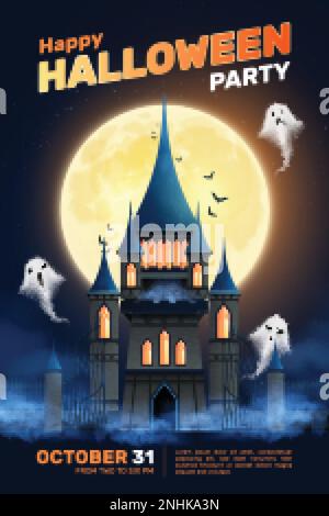 Happy halloween Party cartoon écriteau avec vieux fantômes de château gothique et illustration du vecteur de date octobre 31 Illustration de Vecteur