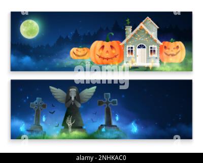 Halloween banderoles horizontales colorées avec des croisements graves dans les vieux esprits de cimetière et des citrouilles rires autour de mignon maison dessin animé illustration vectorielle Illustration de Vecteur