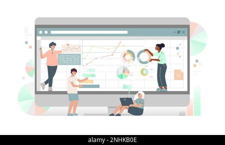 Employés de bureau à l'écran avec feuille de calcul utilisée pour la recherche gestion de projet planification analyse comptable audit marketing illustration vectorielle plate Illustration de Vecteur