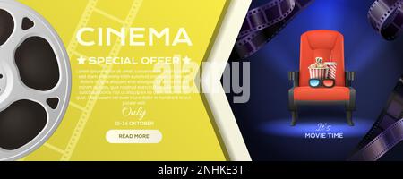 Modèle de bannière horizontale de temps de cinéma avec pop-corn et 3D verres sur siège rouge et lire plus bouton illustration réaliste de vecteur Illustration de Vecteur