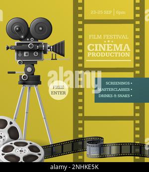 Modèle d'affiche verticale de festival de film avec bobines de caméscope et bande sur fond couleur illustration vectorielle réaliste Illustration de Vecteur