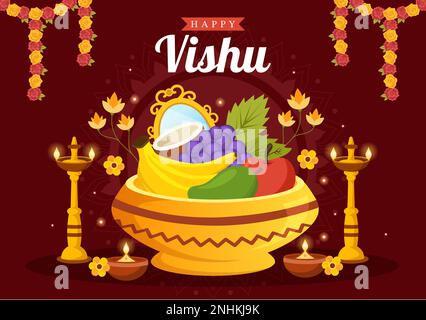 Happy Vishu Festival Illustration avec Kérala Kani traditionnel, fruits et légumes pour la page d'arrivée en dessin à la main de dessin à plat de dessin animé Illustration de Vecteur