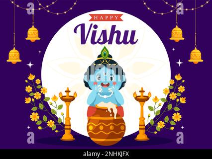 Happy Vishu Festival Illustration avec Kérala Kani traditionnel, fruits et légumes pour la page d'arrivée en dessin à la main de dessin à plat de dessin animé Illustration de Vecteur