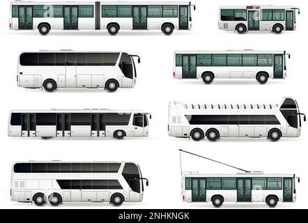 Maquette de bus réaliste avec des images isolées de vue latérale du trolleybus cabrio mover et des illustrations vectorielles de paquebots interurbains Illustration de Vecteur