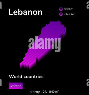 Liban 3D carte. Carte stylisée néon simple numérique isométrique à rayures vecteur 3D Liban. La carte du Liban est en violet sur fond noir Illustration de Vecteur