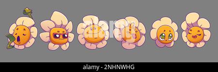 Ensemble de jolies faces camomille isolées sur l'arrière-plan. Illustration vectorielle de personnages contemporains de fleurs de dessin animé avec somnolent, cool, heureux, méchant, coupable, expressions peu flatteuse. Autocollants pâquerettes Illustration de Vecteur