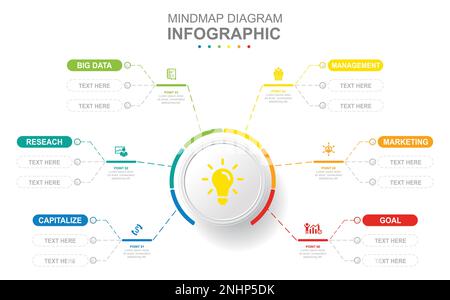 Modèle d'entreprise de l'infographie. 6 étapes moderne schéma Mindmap avec plusieurs sujets. Présentation du concept. Illustration de Vecteur