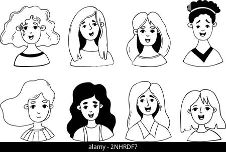 Collection jolis visages de dessin animé féminins. Un vecteur isolé fait face à des portraits de femmes et de filles pour les utiliser comme icônes, avatars pour les réseaux sociaux, le design Illustration de Vecteur