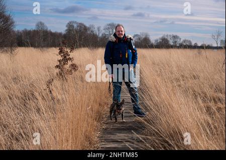 Homme avec chien marchant chemin de planche en bois à travers une tourbière Banque D'Images