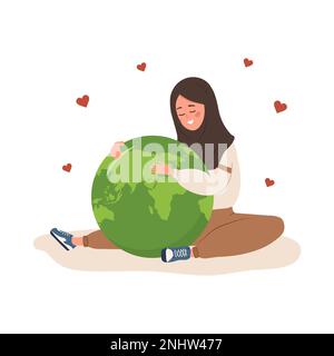 J'adore le concept de la planète. Une femme arabe souriante embrasse le globe terrestre avec soin et amour. Journée internationale de la Terre mère. Prendre soin de la nature et Illustration de Vecteur