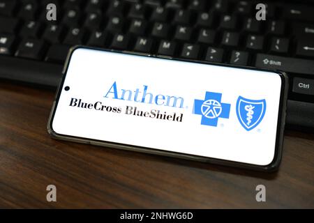 Chine. 22nd févr. 2023. Dans cette illustration, un logo Anthem s'affiche sur l'écran d'un smartphone. Crédit : SOPA Images Limited/Alamy Live News Banque D'Images