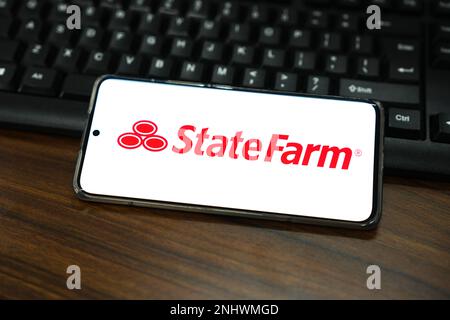 Chine. 22nd févr. 2023. Dans cette illustration, un logo COS de State Farm Insurance s'affiche sur l'écran d'un smartphone. (Photo de Sheldon Cooper/SOPA Images/Sipa USA) crédit: SIPA USA/Alay Live News Banque D'Images