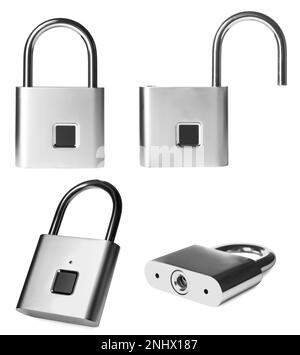 Ensemble avec cadenas en métal sur fond blanc Banque D'Images