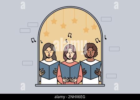 Les filles dans la fenêtre de maison chantant ensemble. Des chanteuses chantent dans un chœur, engagées dans des activités de groupe musical. Illustration vectorielle. Illustration de Vecteur