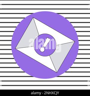 Enveloppe postale scellée sur cercle violet. Arrière-plan rayé noir et blanc. Point d'exclamation sur le joint de fixation. Envoi postal, notification, envoi de lettre Illustration de Vecteur