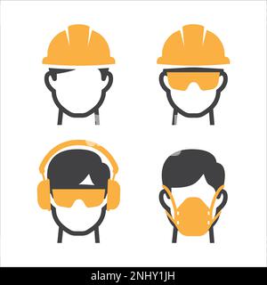Ensemble d'icônes de travailleur de la construction. Ensemble d'icônes homme sécurité. Casque de sécurité, lunettes, protections auditives, icône de masque. Illustration vectorielle Illustration de Vecteur