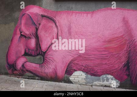 Cette superbe photo de stock offre une vue rapprochée de l'art de la rue Pink Elephant à Kaunas, en Lituanie. La photo présente les détails complexes et Banque D'Images