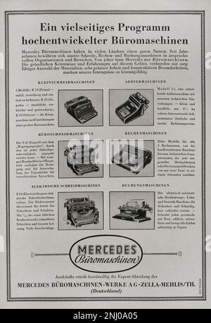 Publicité pour les machines de bureau Mercedes (Mercedes Bureau-Maschinen GmbH) sur l'une des pages intérieures du magazine 'Sigal', numéro 9 (10 août 1940) de l'édition germano-italienne. Ce magazine a été publié entre avril 1940 et avril 1945 et a été le principal organe de propagande de l'armée allemande pendant la Seconde Guerre mondiale. Banque D'Images