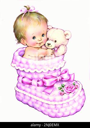 Bébé-mignon rose teddy et bébé fille dans le cache-chaussettes sur blanc Banque D'Images