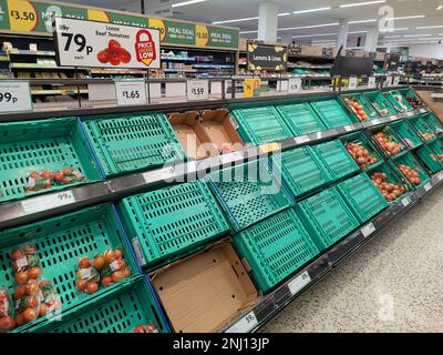 Étagères vides dans le supermarché Morrisons. Les supermarchés britanniques font face à une pénurie de tomates et de légumes. Stone, Staffordshire, Royaume-Uni, 21 février 2023 Banque D'Images