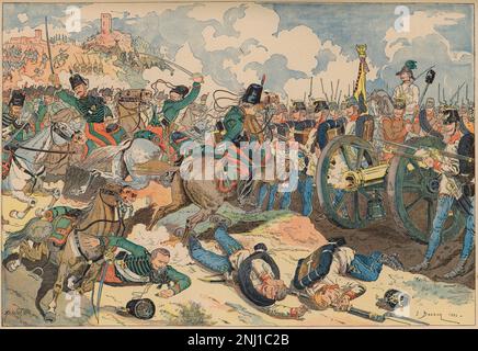 Historia. Segunda guerra de la Indepenencia Italiana. Batalla de Solferino enmarcada dentro del proceso de Unificación Italiana. Carga de la caballería francesa contra la infantería austríaca. Junio de 1859. Grabado de 1886. Auteur: JOSEPH BEUZON. Banque D'Images