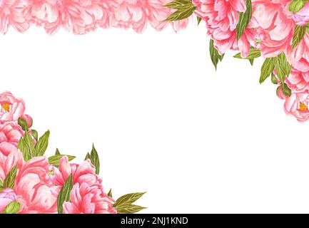 Fleurs de pivoine rose aquarelle dessinées à la main avec feuilles et bourgeons verts sur fond blanc. Scrapbook design, invitation de mariage, étiquette, bannière, Banque D'Images