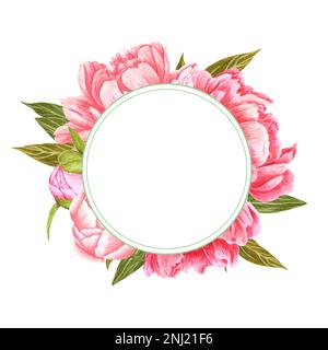 Fleurs de pivoine roses et rouges dessinées à la main cadre rond avec feuilles et bourgeons verts sur fond blanc. Album, invitation à un mariage, Banque D'Images