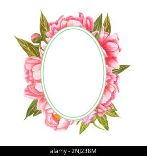 Fleurs de pivoine roses et rouges dessinées à la main avec feuilles et bourgeons verts sur fond blanc. Album design, invitation de mariage, étiquette, Banque D'Images