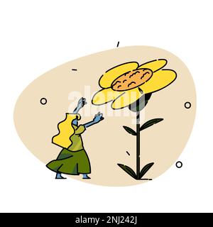 Une femme qui se présente pour une illustration de tournesol. Illustration de Vecteur