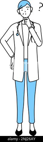 Femme médecin en manteaux blancs avec stéthoscopes, anciens combattants âgés d'âge moyen avec questions. Illustration de Vecteur