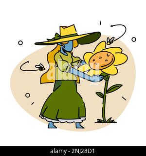 Une femme qui se présente pour une illustration de tournesol. Illustration de Vecteur