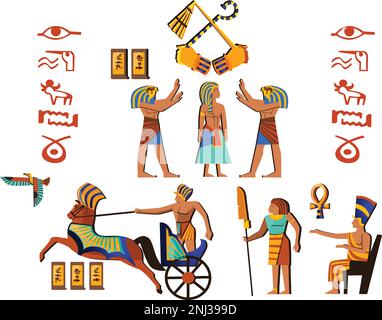 Art mural de l'Égypte antique ou élément mural vecteur de dessin animé. Peinture monumentale avec hiéroglyphes et symboles de la culture égyptienne, dieux anciens, chars et figures humaines, isolée sur fond blanc Illustration de Vecteur