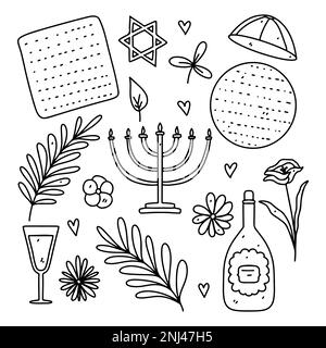 Happy Passover éléments avec vin et Matzah en style doodle dessiné à la main. Objets vectoriels de fêtes juives isolés sur fond blanc Illustration de Vecteur