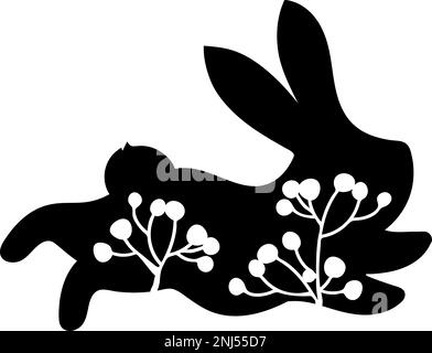 Lapin de Pâques avec baies, lapins fleuris lapin de fantaisie floral avec motif découpé au laser pour la découpe. Gabarit de découpe au laser pour lapin. Illustration de Vecteur