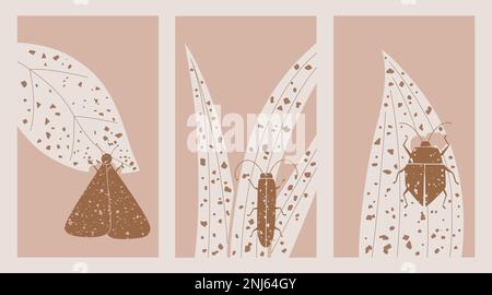 Collection d'affiches aux couleurs pastel avec papillon, papillon, papillon, insecte, feuilles. Modèles de banderoles vectorielles roses tendance. Illustration de Vecteur