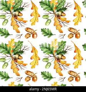 dessin à la main sans couture aquarelle avec feuilles de chêne et glands sur fond noir, jaune et orange, feuille d'automne. Idéal pour le tissu, l'emballage Banque D'Images