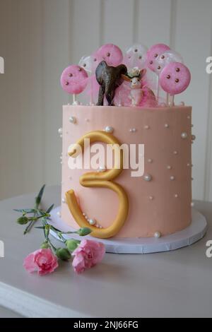 Magnifique, simple gâteau d'anniversaire de trois ans avec décoration de mariage d'animaux et œillets à décorer, Derbyshire, Royaume-Uni Banque D'Images