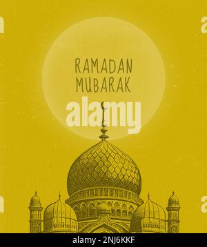 Ramadan Mubarak textures jaunes avec la lune briller affiche, bannière, cartes, post de médias sociaux. Banque D'Images