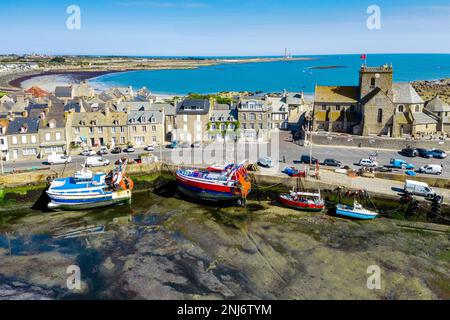 Vue aérienne, Fishingport,marée basse Barfleur Manche,Normandie,France Banque D'Images