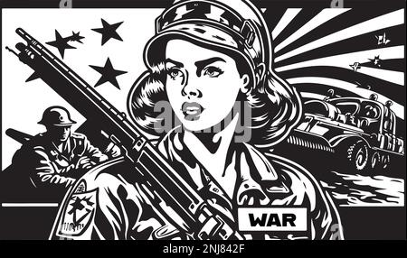 Belle et tendance noir et blanc linocut art ou coloriage page d'un soldat en guerre Illustration de Vecteur