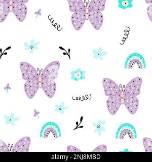 motif sans couture avec fleurs, arcs-en-ciel et papillons, imprimé puéril pour l'intérieur de la chambre, illustration en forme de coolé sur fond blanc. Illustration de Vecteur