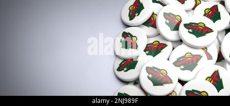 Logos de l'équipe NHL Minnesota Wild de l'American National Hockey League sur un tas sur une table. Banque D'Images